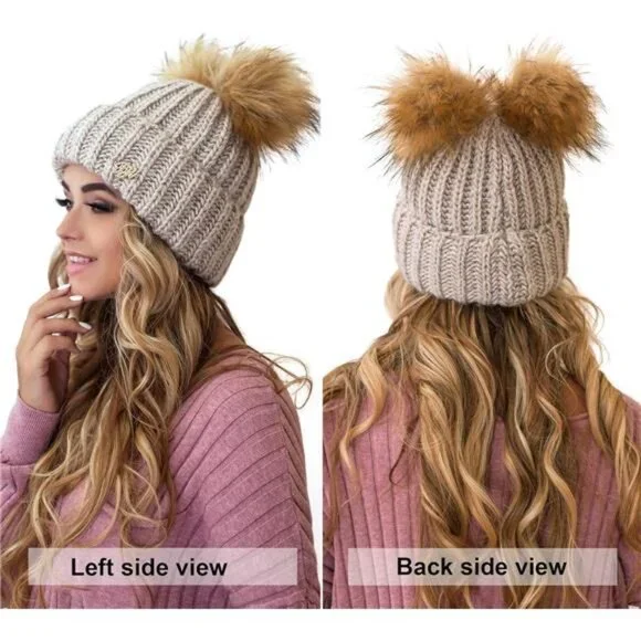 Women's Beanie Hat 2 Pom Cable Knit Winter Warm Fleece Hat Wool Cuff Ski Cap